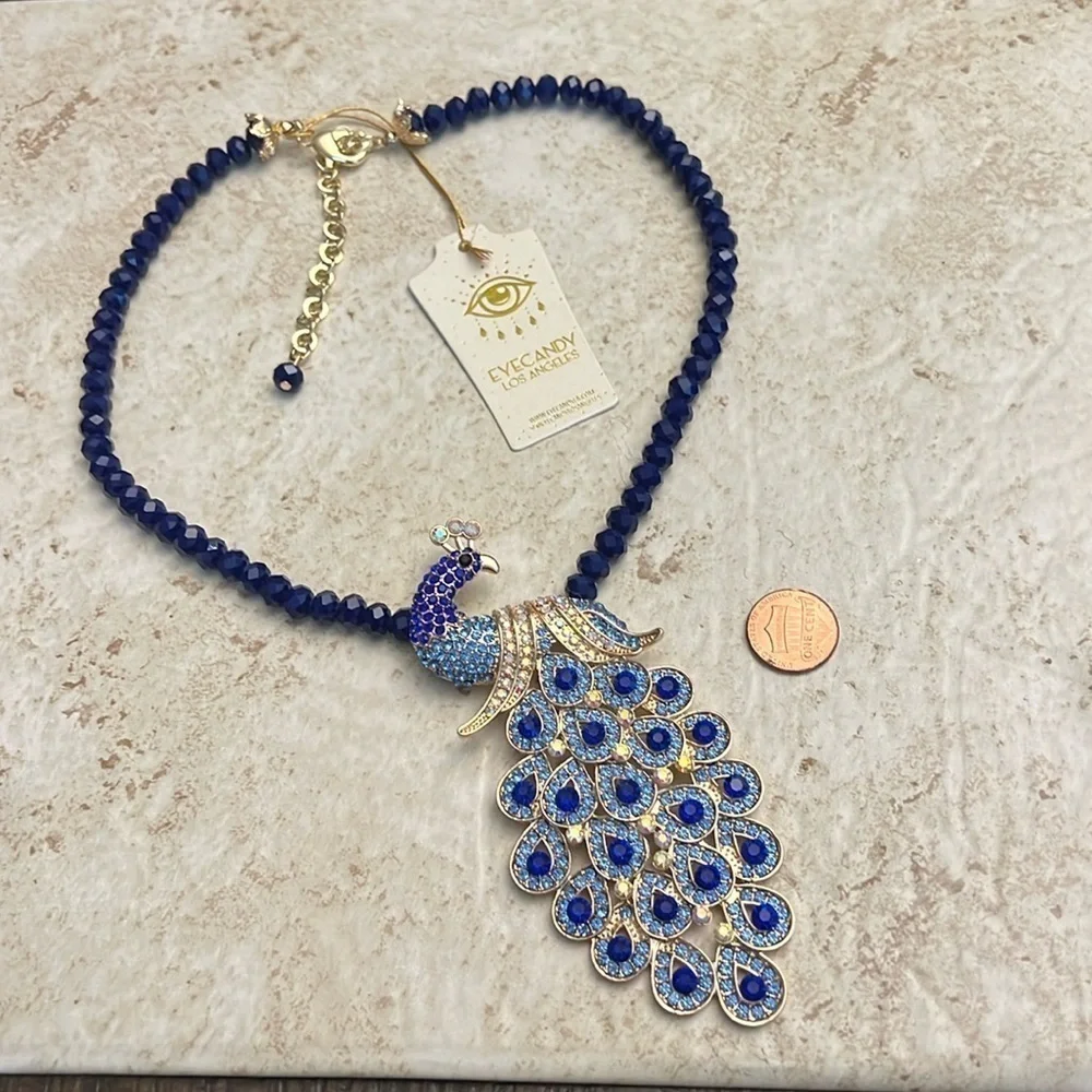 Eye Candy Glass Crystal Peacock Necklace New
